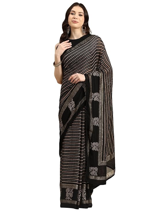 Black Printed Pure Georgette Saree With Unstitched Blouse - Image 2