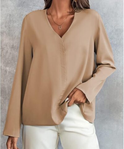 Women’s Long Sleeve Shirts V Neck Business Casual Plain Work Blouses Tops