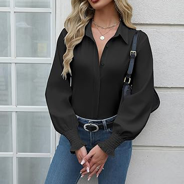 Womens Button Down Shirts Smocked Cuffed Blouse Printed Lantern Shirt Long Sleeve Top Collar Busines
