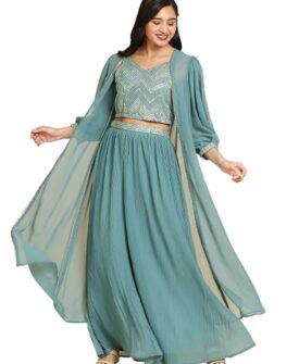 madhuram women'S Georgette Lehenga And Choli With Long Shrug Set For Solid With Heavy Embroidery