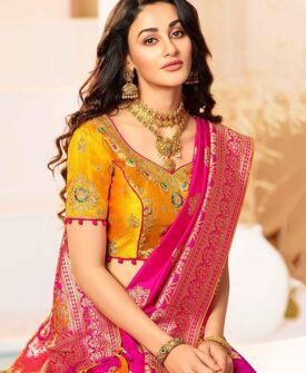 Monjolika Fashion Women's Banarasi Silk Blend Woven Work Tussles Saree With Unsttiched Blouse Pi