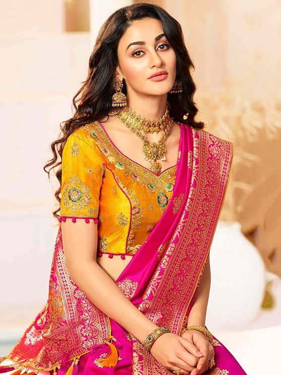 Monjolika Fashion Women's Banarasi Silk Blend Woven Work Tussles Saree With Unsttiched Blouse Pi