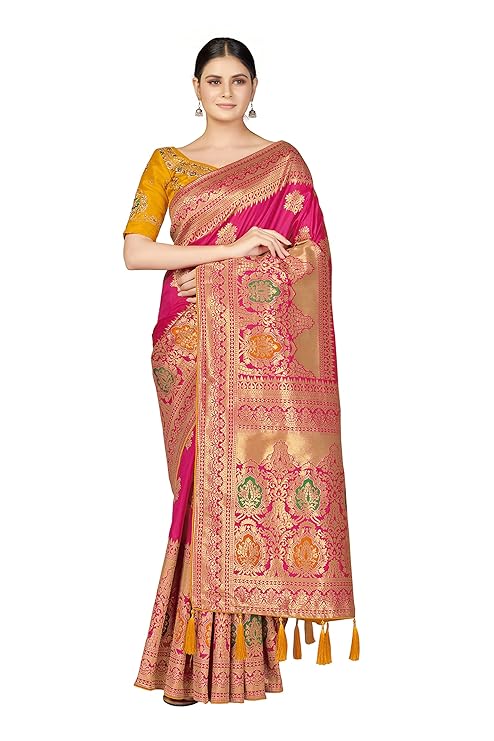 Monjolika Fashion Women's Banarasi Silk Blend Woven Work Tussles Saree With Unsttiched Blouse Pi - Image 2