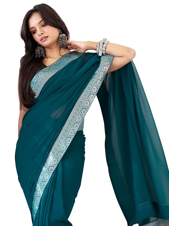 Women's Georgette Solid Ready To Wear one Minute Saree With Unstitched Blouse Piece - Image 2