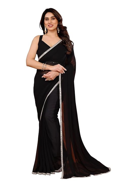 FASHION WITH RF Women's Plain Georgette Sarees For Girls College Farewell & With Mirror Work - Image 2