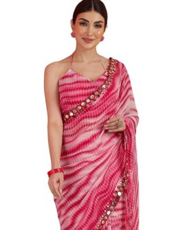Women's Georgette Printed Mirror Work Border Saree with Unstitched Blouse Piece