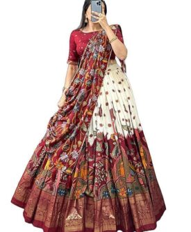 Jay Varudi Creation Women's Tussar Silk Lehenga Choli Set | Patola Print with Foil Work | Unstit