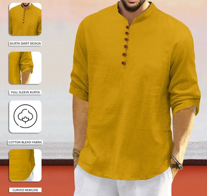 ROYALSCOUT Men's Cotton Polyester Blend Solid Regular Fit Full Sleeve Short Kurta | Ethnic, Ligh - Image 2