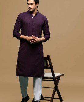 Men's Designer Solid Purple Chikankari Kurta