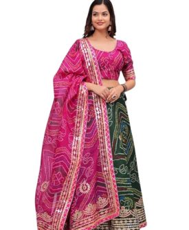 Bandhani Lehenga Choli Set, Pink and Green, Traditional Print with Gold Border